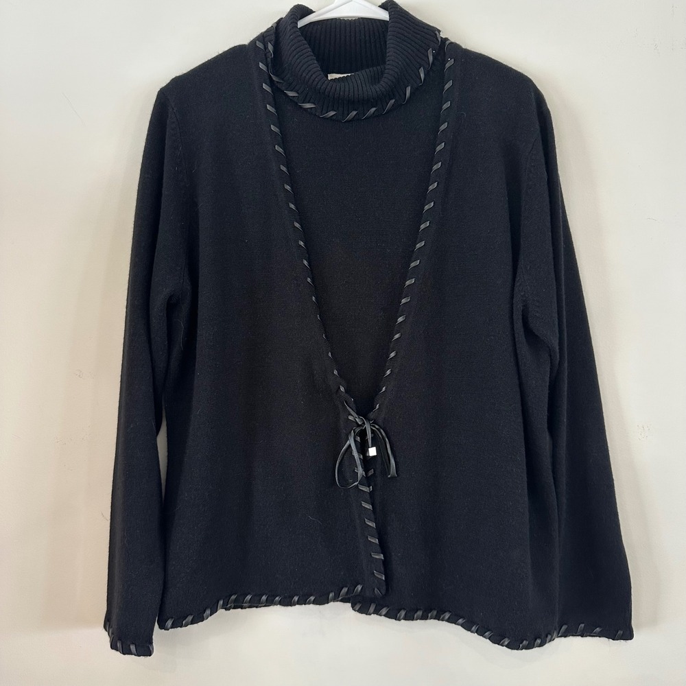VTG Womens Designers Originals Black Cardigan Sweater Leather Tie Petite Large